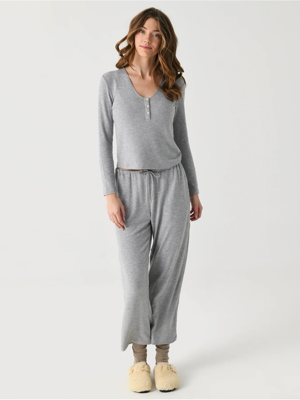 Women's Long Sleeve Henley Pajama Set - Gray